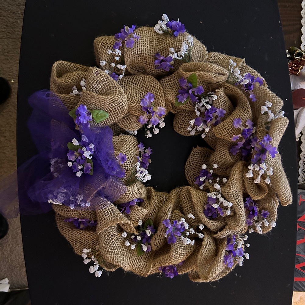Burlap Wreath with Purple and White Flowers